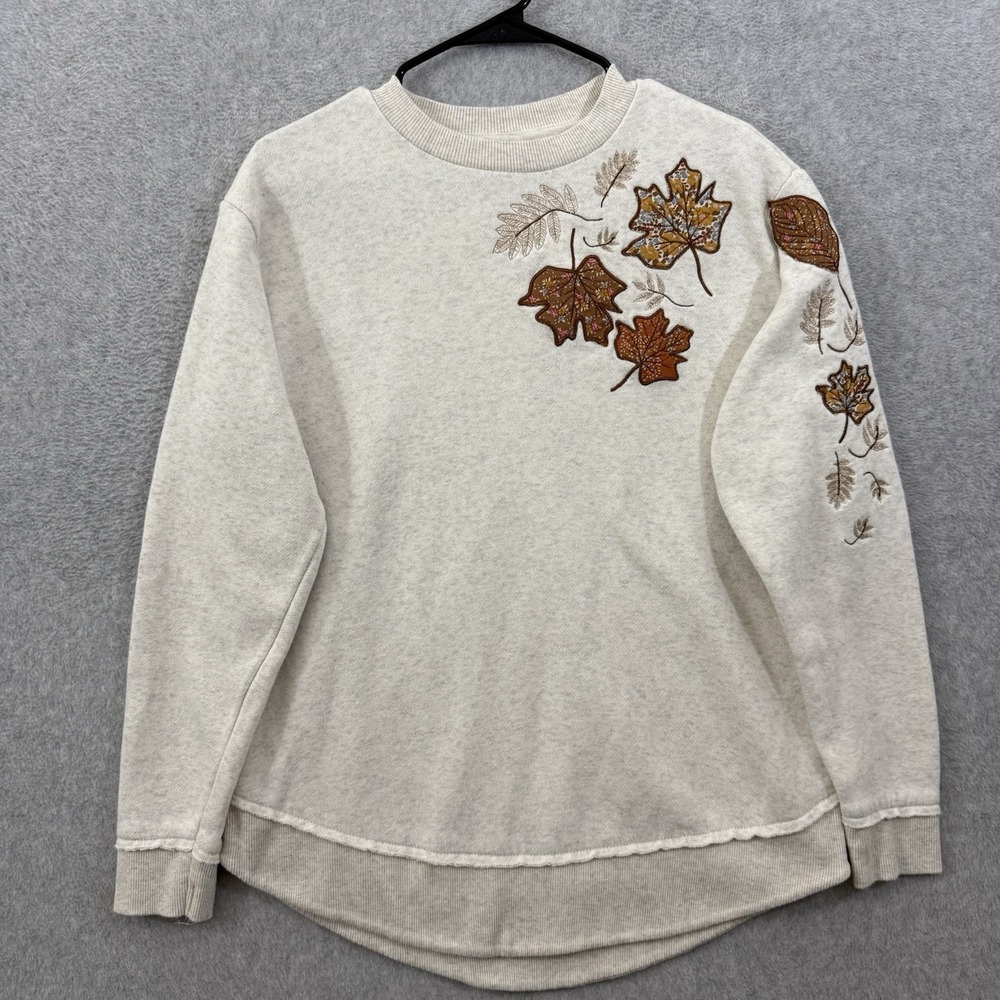 Wildora Sweatshirt Women Small Beige Embroidered Leaves Fall Autumn Cottagecore